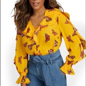 New York and company Yellow button blouse with butterflies large